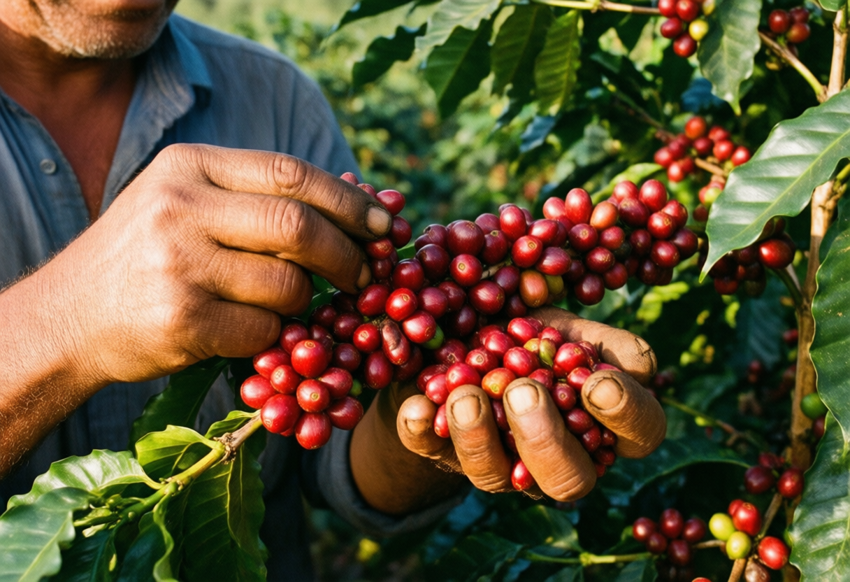 Produtor Vina Drip inspecionando graos de cafe maduros na fazenda em Minas Gerais