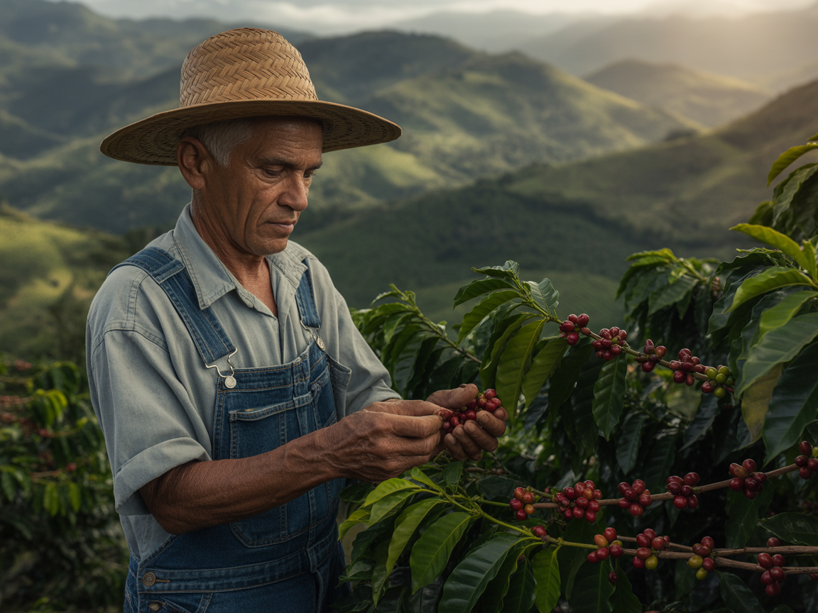 Produtor de cafe inspecionando graos na fazenda
